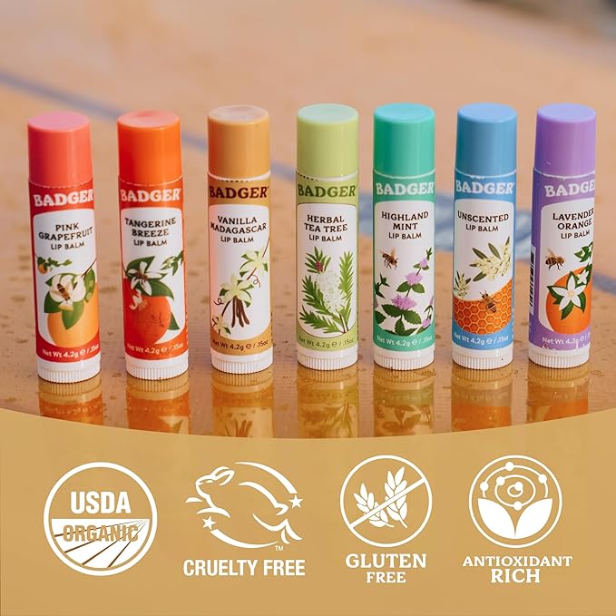 Badger Vanilla Madagascar Classic Lip Balm, 100% Organic Lip Balm, Long Lasting Lip Care w/Light Silky Texture, Comforting & Relaxing, 4 Pack