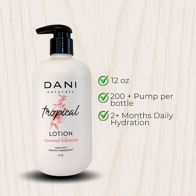 DANI Naturals Coconut Hibiscus Hydrating Lotion, Vegan, Paraben-Free, Made with Organic Ingredients, 12 fl oz