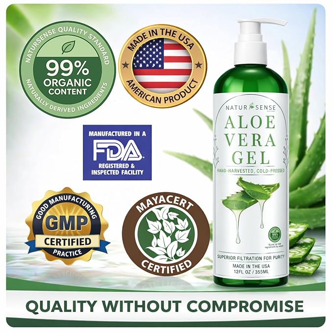NTRSNS NaturSense 99% Organic Aloe Vera Gel. Deep Hydration, Effective Moisturizing. For Hair, Scalp, Face, Acne, Sunburn, Dry Winter Skin, Sensitive Skin, Shaving. Unscented, 12 oz. Made in the USA