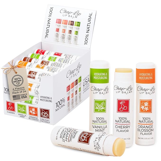 Chap-Lip Lip Balm 100% Natural Lip Balm Set, Hydrating and Moisturizing Beeswax Natural Flavor Assortment, Lip Moisturizer for Dry Lips, Cocoa Butter, Petroleum Free, 24 Count, 2Pack