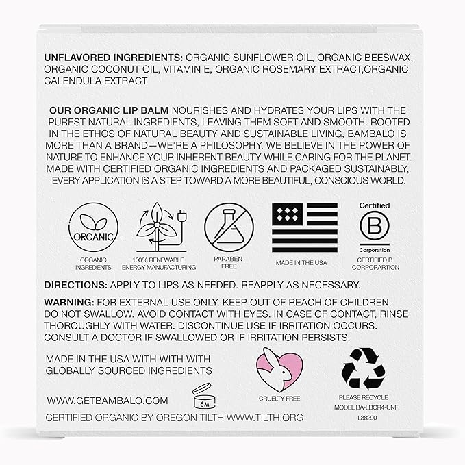 USDA Organic Lip Balm Unflavored 4-Pack by Bambalo – Beeswax, Coconut Oil, Vitamin E – Gentle Lip Repair Chapstick for Dry Lips – Moisturizing Care for Men and Women