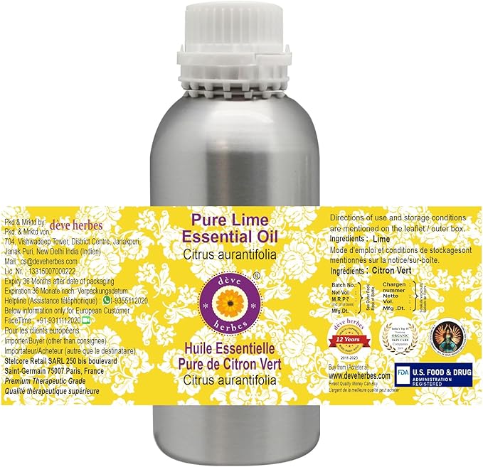 Deve Herbes Pure Lime Essential Oil (Citrus aurantifolia) Steam Distilled 630ml (21 oz)