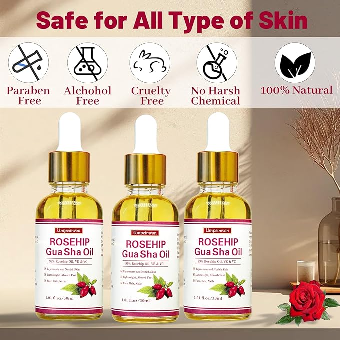 3 Pack Gua Sha Face Oil for Women, Rosehip Oil Organic Facial Oil Moisturizer Infused Rose, Vitamin E & C, Restore and Rejuvenate, Hydrating Facial Oil for Dermaplaning, 1.01fl.oz/30ml