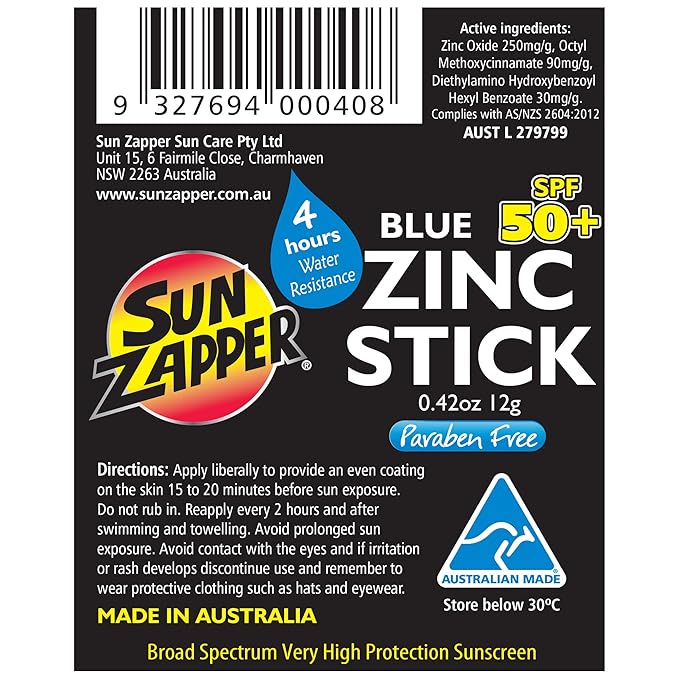 Sun Zapper Zinc Oxide Sunscreen Stick SPF 50+ Blue – Colored Mineral Sunscreen Stick for Face, Water Resistant Sunblock for Kids and Adults, Broad Spectrum, Travel Size 12g (0.42 oz), Australian Made