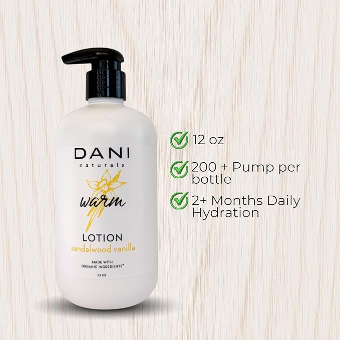 DANI Naturals Sandalwood Vanilla Hydrating Lotion, Vegan, Paraben-Free, Made with Organic Ingredients, 12 fl oz