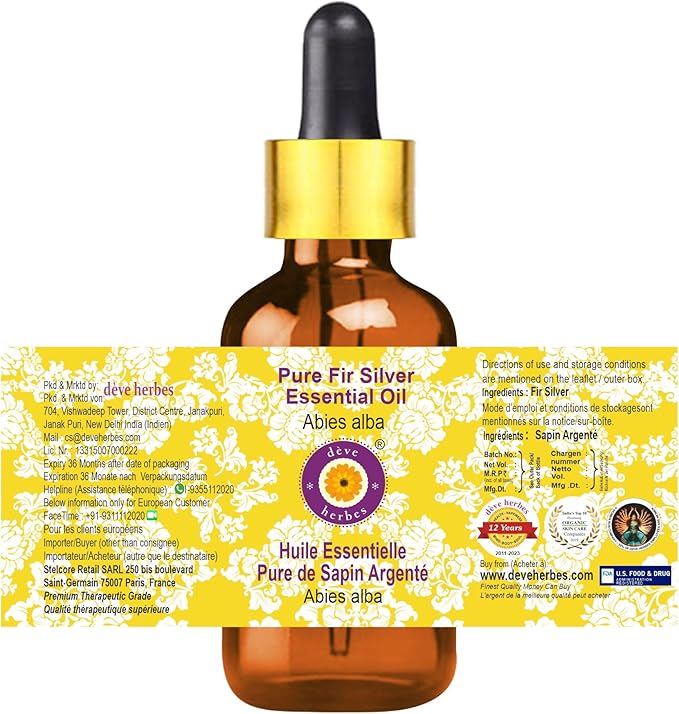 Deve Herbes Pure Fir Silver Essential Oil (Abies alba) with Glass Dropper Steam Distilled (Pack of Two) 100ml X 2 (6.76 oz)