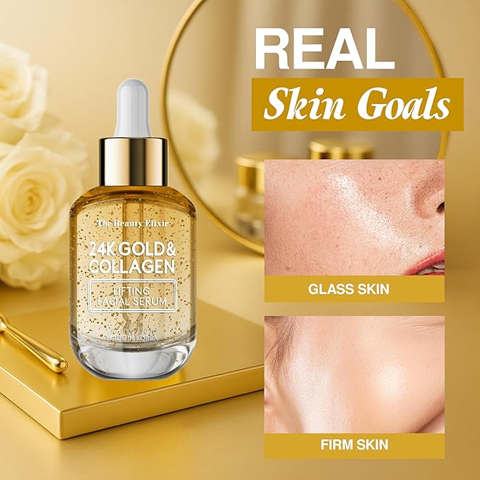 The Beauty Elixir Collagen Serum For Face with 24k Gold - Dermatologist Tested - Anti Aging, Ultra Hydrating, Fine Lines & Wrinkle Treatment - Clean Beauty Korean Skin Care for All Skin Types - 1.69oz