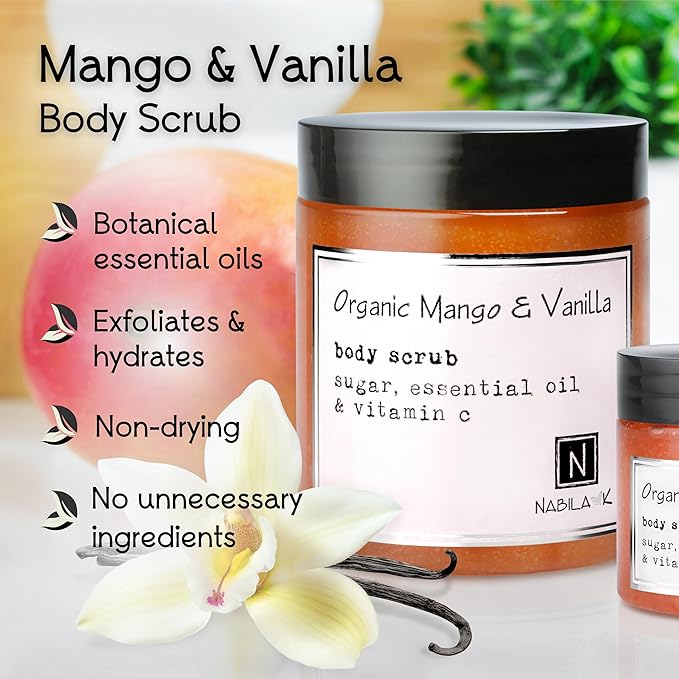 Organic Mango & Vanilla Body Scrub Made in USA with Essential Oil and Vitamin C by Nabila K - Exfoliate and Moisturize for Smooth Skin - Luxury for Women & Men, 10 oz