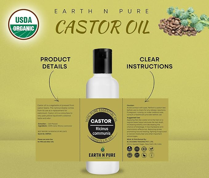 Earth N Pure Castor Oil (Arandi Oil) Cold Pressed, Natural, Therapeutic Grade for Hair Growth, Nails, Eyelash 100 ml