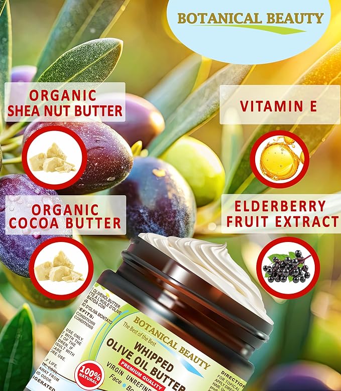Botanical Beauty Whipped OLIVE OIL BUTTER 100% Natural Pure Organic Cocoa Butter, Shea Nut Butter, Organic Olive Oil Virgin Unrefined for FACE, SKIN, BODY, HAIR, NAILS. (4 Fl Oz)