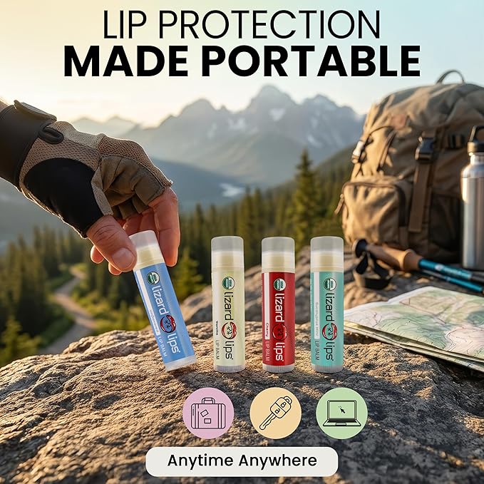 LizardLips Natural Lip Balm Set of 4; USDA Certification Lip Moisturizer; Unflavored, Vanilla, Cherry, Eucalyptus Mint; Travel-Friendly Everyday Care; Fun Quirky Beach Vacation Essentials