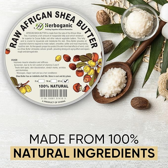 HERBOGANIC Pure African Shea Butter Raw Organic, White Ivory 100% Natural Unrefined | For Body & Hair Scalp Non GMO - 32 oz