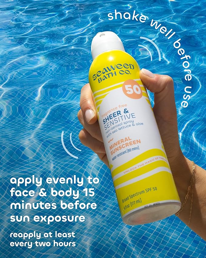 Seaweed Bath Co. Sheer Mineral Sensitive SPF 50 Broad Spectrum Sunscreen Spray - Fragrance Free, Non-Nano, Skin-Friendly Formula - 6 oz