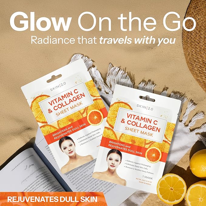Skin 2.0 Vitamin C & Collagen Sheet Mask - Anti-Aging, Wrinkle & Age Spot Reducer, Hydrating & Moisturizing - Dermatologist Tested Korean Skincare, Clean Beauty, Cruelty-Free, All Skin Types - 5 Masks