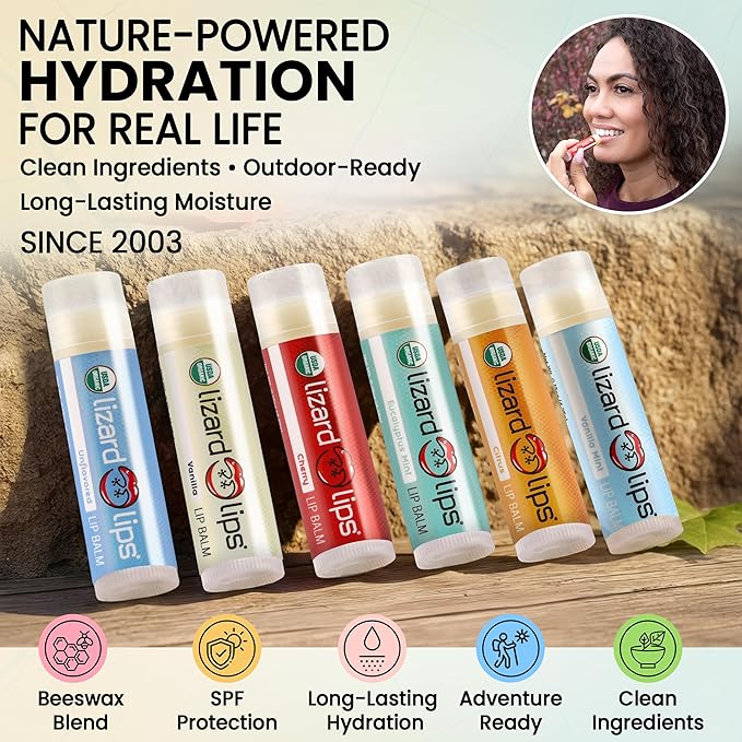 LizardLips Natural Lip Balm Cherry; USDA Certification Lip Moisturizer; Travel-Friendly Everyday Care; Fun Quirky Beach Vacation Essentials