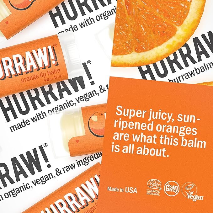 Hurraw! Orange Lip Balm: Organic, Certified Vegan, Cruelty and Gluten Free. Non-GMO, 100% Natural Ingredients. Bee, Shea, Soy and Palm Free. Made in USA