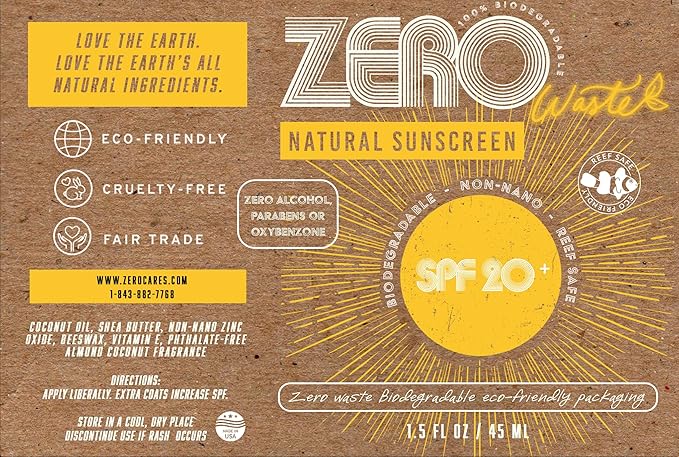 ZERO Waste 100% Plastic Free Natural Sunscreen Stick, SPF 20 Reef Safe and Kid Friendly, Water Resistant, Push Up Cardboard Tube, Sunblock Made From Beeswax, Shea Butter and Coconut Oil, 1.5 Oz
