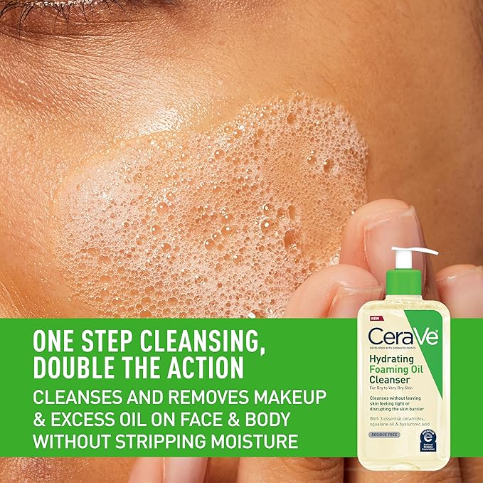 CeraVe Hydrating Foaming Oil Cleanser,Moisturizing Oil Cleanser for Face & Body,Squalane-Oil + Hyaluronic Acid + Ceramides,For Dry to Very Dry Skin,Fragrance Free & Residue Free,19 FL Oz,(Pack of 2)