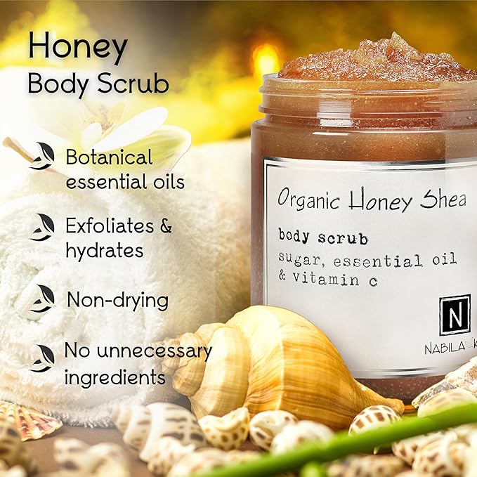Organic Honey Shea Body Scrub Made in USA with Essential Oil and Vitamin C by Nabila K - Exfoliate and Moisturize for Smooth Skin - Luxury for Women & Men, 10 oz