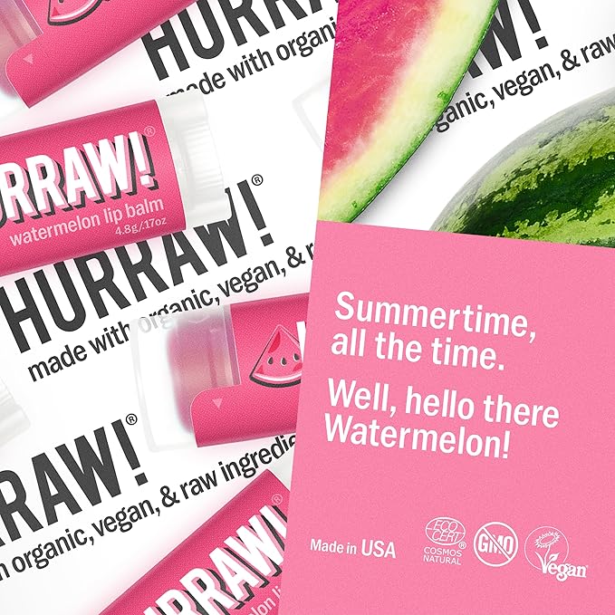Hurraw! Watermelon Lip Balm: Organic, Certified Vegan, Cruelty and Gluten Free. Non-GMO, 100% Natural Ingredients. Bee, Shea, Soy and Palm Free. Made in USA