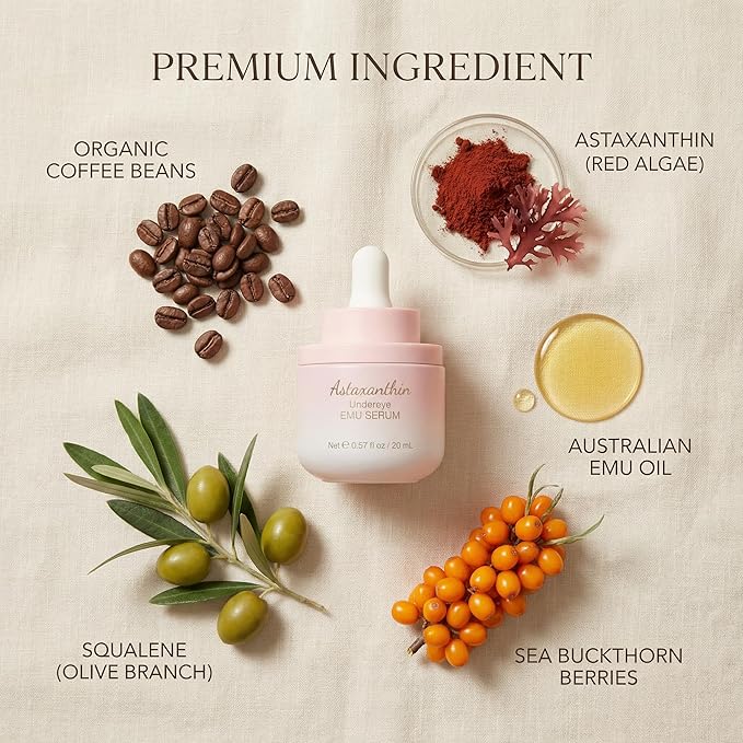 Astaxanthin Under Eye Serum with EMU oil - 0.67 fl. oz./ 20 mL | Emu oil serum | Powerful antioxidant astaxanthin | Sea Buckthorn, Squalane, Aloe Vera, Coffee |Preservative free | 100% Natural