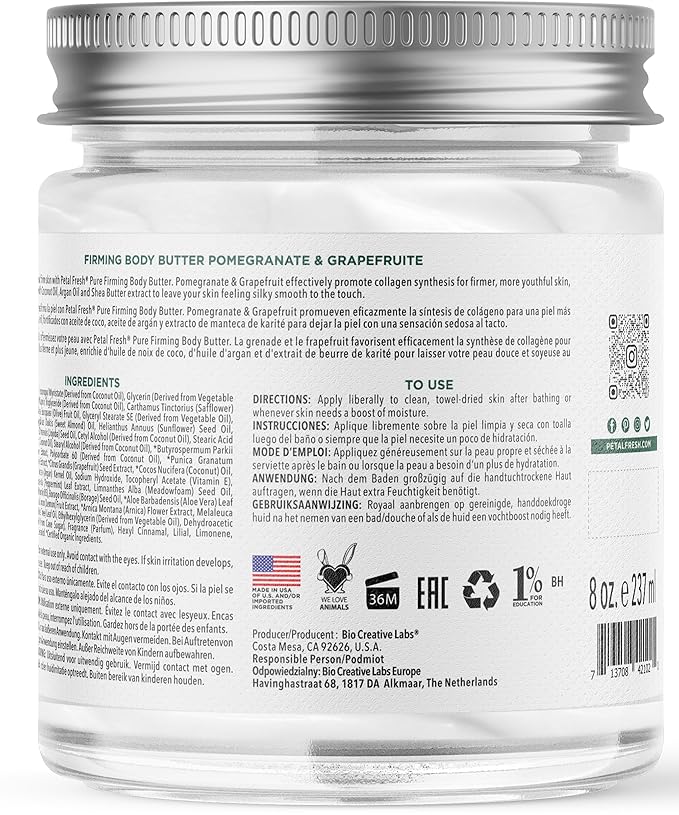 Petal Fresh Pure Firming Pomegranate & Grapefruit Body Butter, Organic Coconut Oil, Argan Oil, Shea Butter, Promotes Collagen, For All Skin Types, Natural Ingredients, Vegan and Cruelty Free, 8 oz