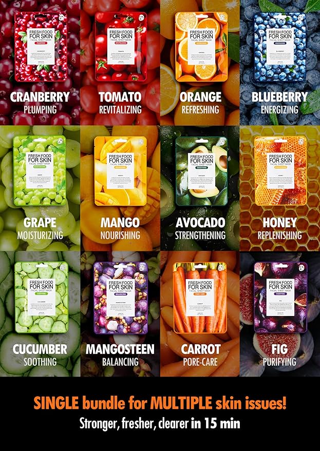 FARMSKIN Facial Sheet Mask - Hydrating, Moisturizing, Clarifying, Soothing Face Masks for Oily, Dry & Sagging Skin - Breathable & Fast-Absorbing - Vegan & Cruelty-Free Korean Skin Care (12 Packs)