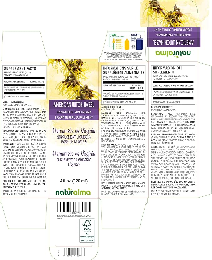 Naturalma American Witch-Hazel (Hamamelis virginiana) Leaf Alcohol-Free Tincture - 4 fl oz Liquid Extract in Drops - Herbal Supplement - Vegan