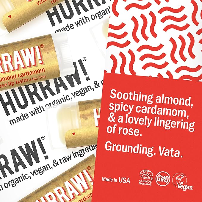 Hurraw! Pitta (Coconut, Mint, Lemon Grass), Kapha (Grapefruit, Ginger, Eucalyptus), Vata (Almond, Cardamon Rose) Lip Balms, 3 Pack Bundle: Organic, Certified Vegan, Cruelty, Gluten Free, 100% Natural