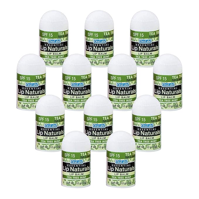 Lip Naturals® | Mini Tea Tree Balm with Sunscreen (SPF-15) | Made in USA with Coconut Oil, Tea Tree Oil, and Peppermint Oil | 12-Count Mini Lip Balm Pack with Tea Tree Mint Flavor (0.10oz/3g Each)