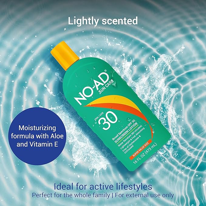 NO-AD SPF 30 Sunscreen Lotion | Broad Spectrum UVA/UVB Protection | Water Resistant | Octinoxate & Oxybenzone Free with moisturizing Vitamin E and Aloe 16oz | Pack of 2