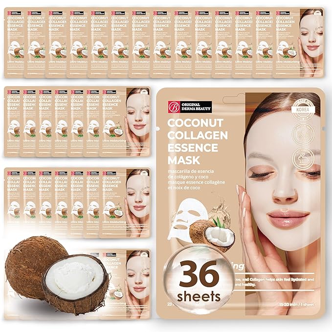 Innerest Original Derma Beauty - 24PK Collagen Face Masks Vegan Ultra Moisturizing Face Masks Skincare Sheet Masks Set for Beauty & Personal Care Korean Face Mask (Coconut)
