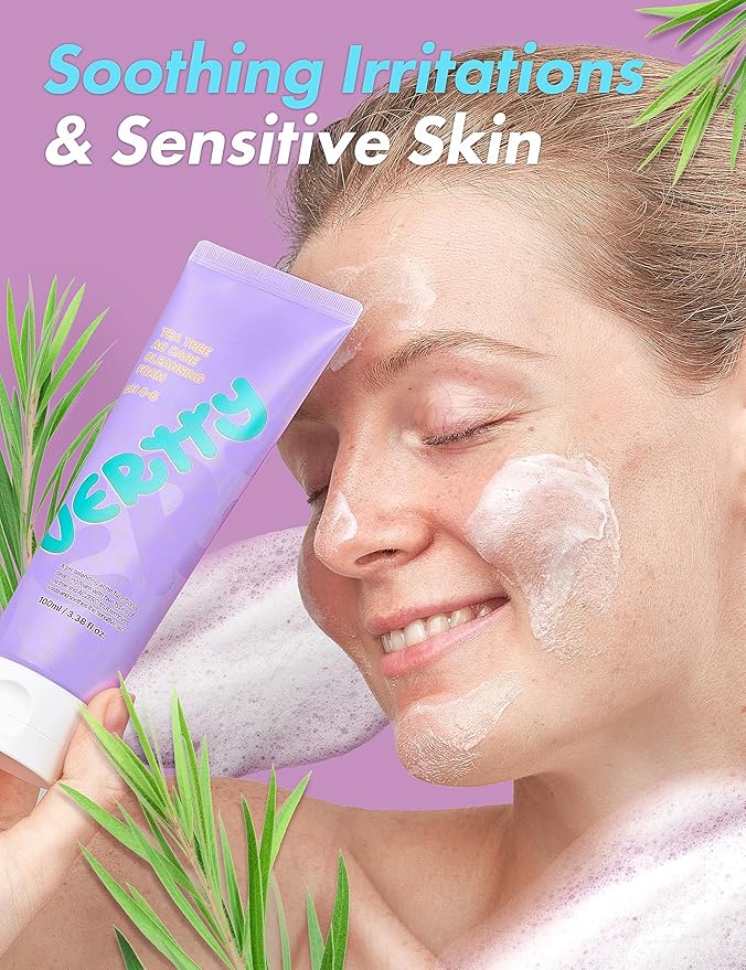 vertty Tea Tree Vegan Cleansing Foam | Daily Oil Control Cleanser | Hydro Boost Exfoliating, Moisturizing, Hydrating, Soothing Cleanser for Sensitive Skin | Teens & Kids Skin Care (3.38oz)