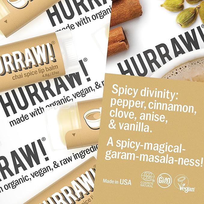 Hurraw! Chai Spice Lip Balm: Organic, Certified Vegan, Cruelty and Gluten Free. Non-GMO, 100% Natural Ingredients. Bee, Shea, Soy and Palm Free. Made in USA