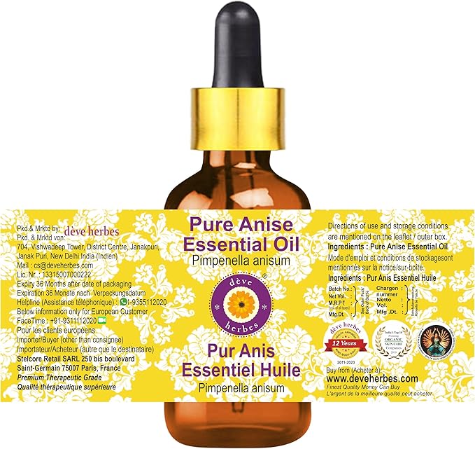 dève herbes Anise Essential Oil (Pimpinella anisum) with Glass Dropper | Pure | Non-Sticky | Non-Greasy | Lightweight | Men & Women | All Skin Types | Steam Distilled 30ml (1 oz)
