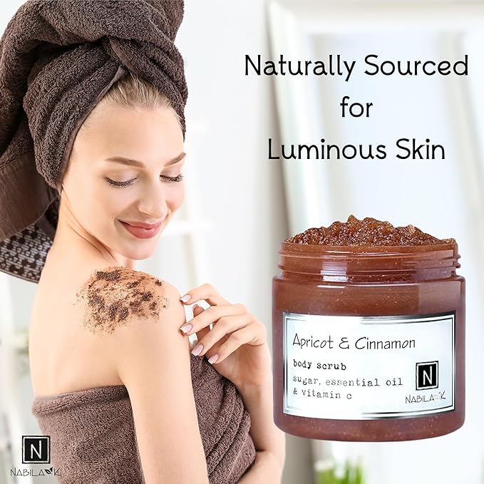 Apricot & Cinnamon Body Scrub Made in USA with Essential Oil and Vitamin C by Nabila K - Exfoliate and Moisturize for Smooth Skin - Luxury for Women & Men, 10 oz