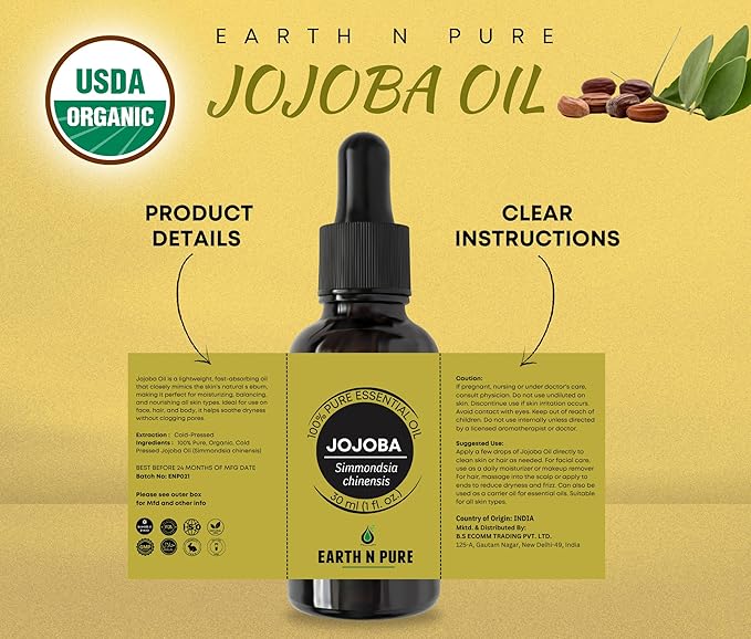 Earth N Pure Jojoba Oil Cold Pressed Natural and Therapeutic Grade for Skin & Hair 100 ml