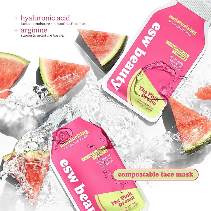 ESW Beauty The Pink Dream - Moisturizing Raw Juice Face Mask - Hydrating with Watermelon, Rose Water & Grapefruit for Dry, Sensitive Skin - Vitamins C & E for Radiance