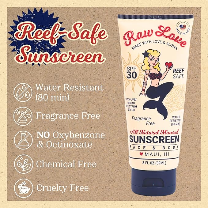 Raw Love Mineral Sunscreen Lotion for Face & Body | Reef Safe for Adults and Kids | Zinc Oxide, Water Resistant, Broad Spectrum UVA/UVB SPF 30 Protection for Sensitive Skin | 3oz