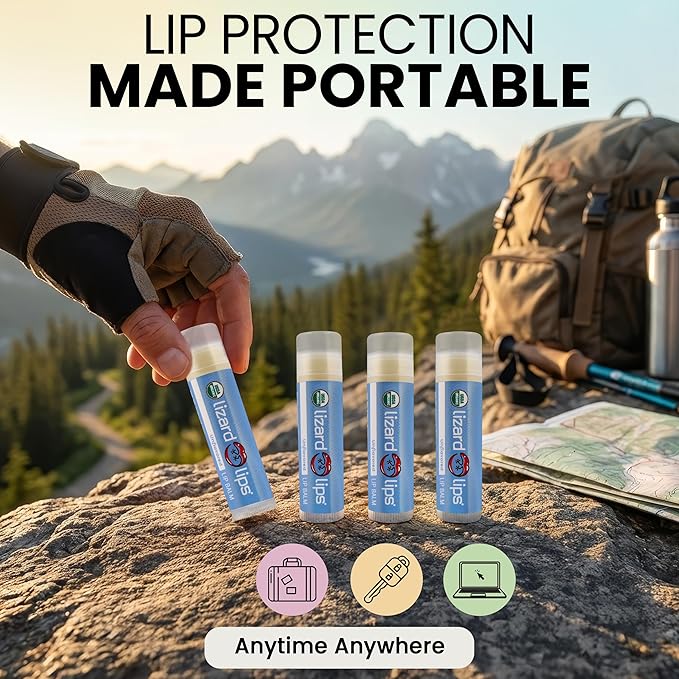 LizardLips Natural Lip Balm Unflavored; USDA Certification Lip Moisturizer; Travel-Friendly Everyday Care; Fun Quirky Beach Vacation Essentials