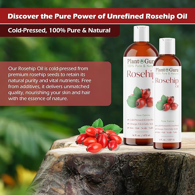 Plant Guru Rosehip Oil Unrefined 4 fl. oz. 100% Pure Cold Pressed – Nourishing for Skin, Hair, Scalp, and Nails – Hydrating, Moisturizing, and Rejuvenating.