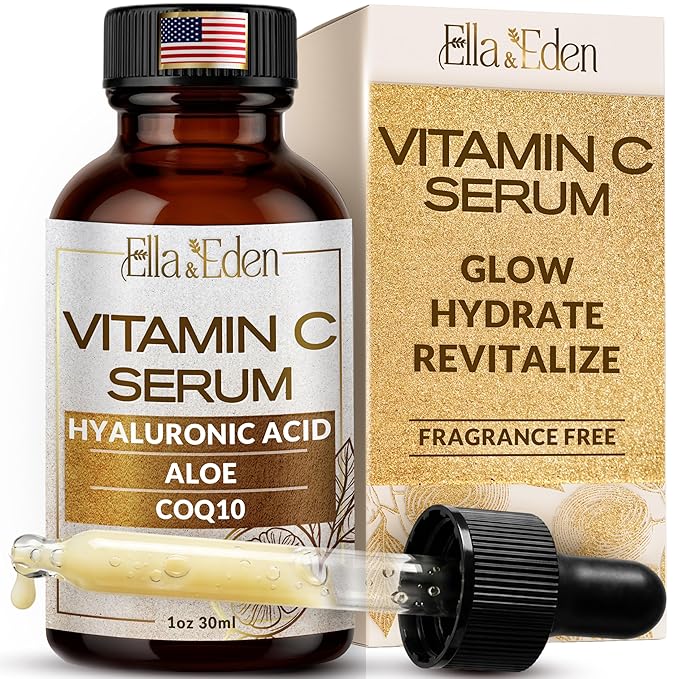 Ella & Eden Vitamin C Serum for Face - Hyaluronic Acid, Aloe Vera, Vitamin E, CoQ10 - Anti-aging, Skin Brightening - Paraben-Free, Fragrance-Free, Suitable for All Skin Types - 1 Fl Oz