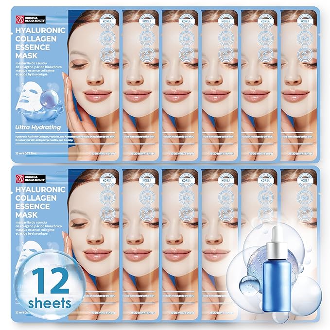 Innerest Original Derma Beauty Collagen Face Masks Skincare 12 PK Ultra Hydrating Hyaluronic Face Masks Skincare Sheet Masks Set for Beauty & Personal Care Korean Face Mask