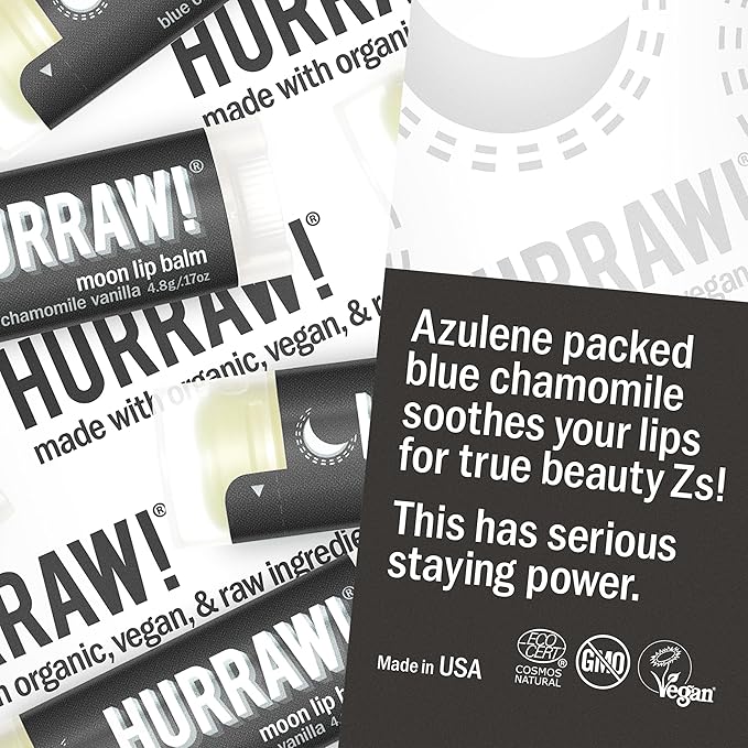 Hurraw! Moon Night Treatment (Blue Chamomile, Vanilla) Lip Balm, 5 Pack: Organic, Certified Vegan, Cruelty and Gluten Free. Non-GMO, 100% Natural Ingredients. Bee, Shea, Soy and Palm Free. Made in USA