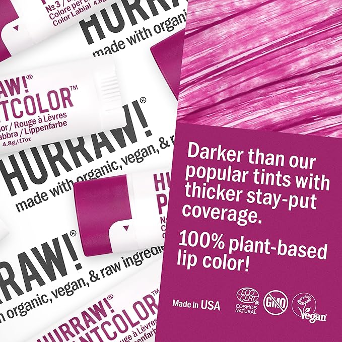 Hurraw! Plantcolor Lip Color No. 3: Pink/Purple shade. Highly pigmented tinted balm and lipstick alternative. Vegan and all-natural. Easy application. Buildable. First of its kind. Made in USA