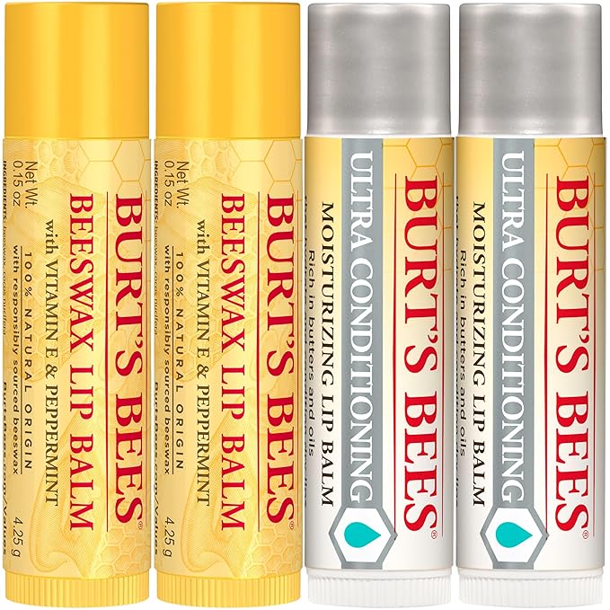 Burt's Bees Lip Balm Beeswax and Ultra Conditioning Lip Balm Pack, Hydrating Lip Moisturizer with Kokum and Shea Butter, Natural Origin Lip Care, 4 Tubes, 0.15oz.