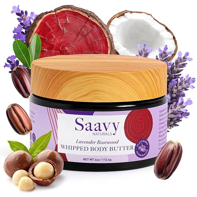 Saavy Naturals Whipped Body Butter - Made with Organic Shea Butter, Essential Body Care & Dry Skin Moisturizer for Women, Velvety Rich Cream Texture, Naturally Scented - Lavender Rosewood, 4 oz