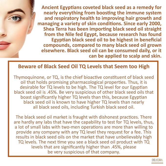 Shea Terra Egyptian Black Seed Cold Pressed Extra Virgin Oil, All Natural Oil to Support Immune System, Encourage Hair Growth & Skin Tone, Assist in Dry Skin, & More, 3.38 oz