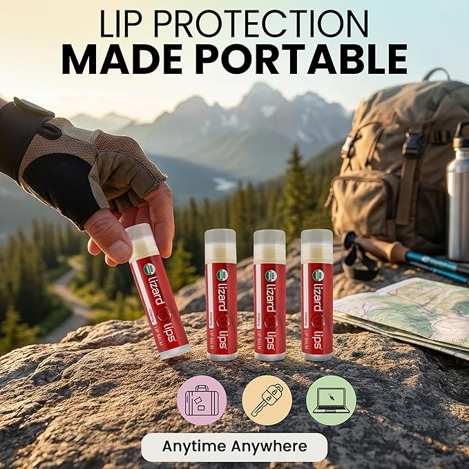 LizardLips Natural Lip Balm Cherry; USDA Certification Lip Moisturizer; Travel-Friendly Everyday Care; Fun Quirky Beach Vacation Essentials