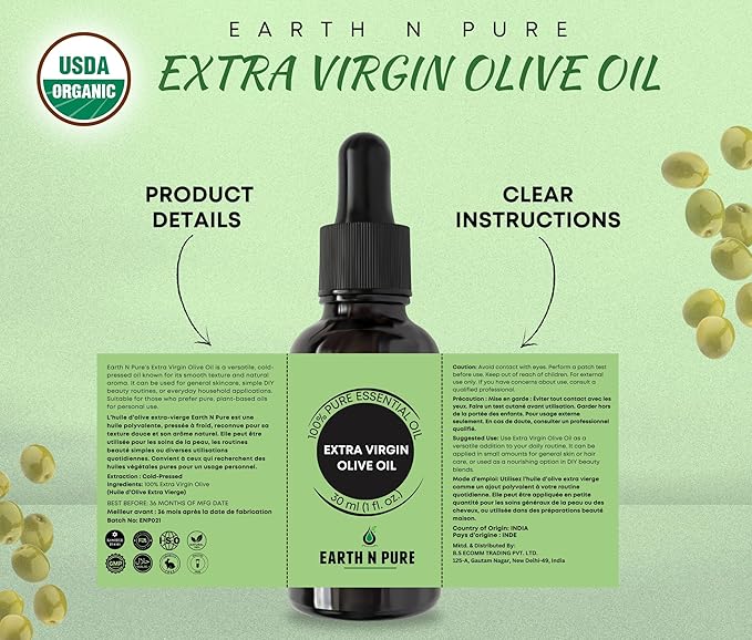 Earth N Pure Extra Virgin Olive Oil (Jaitun Oil) Cold Pressed, Natural, Therapeutic Grade 30 ml